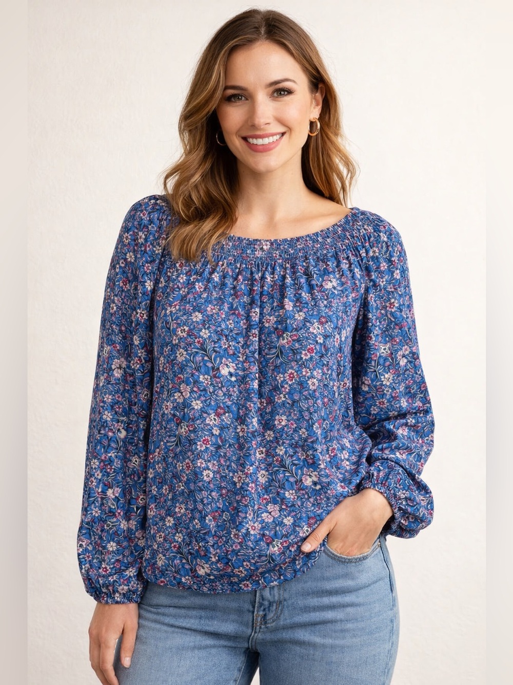 J.Jill Blue and Pink Smocked Floral Blouse size Large